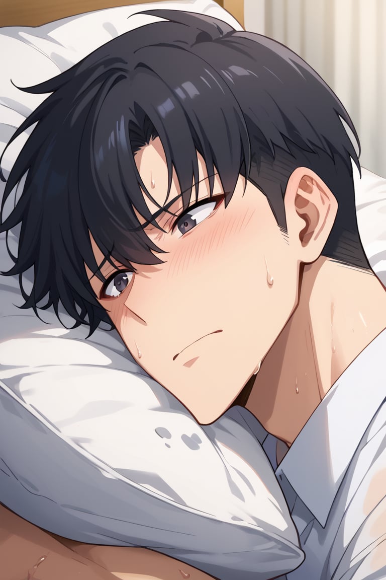 score_9, score_8_up, score_7_up, source_anime, Expressiveh, BREAK, 1boy, male focus, solo, sung jin woo, black hair, short hair, black eyes, shirt lift,masculine, blush, embarrassed, sweat, solo focus, lying down on bed, close up, on bed, futon, indoors, motion line