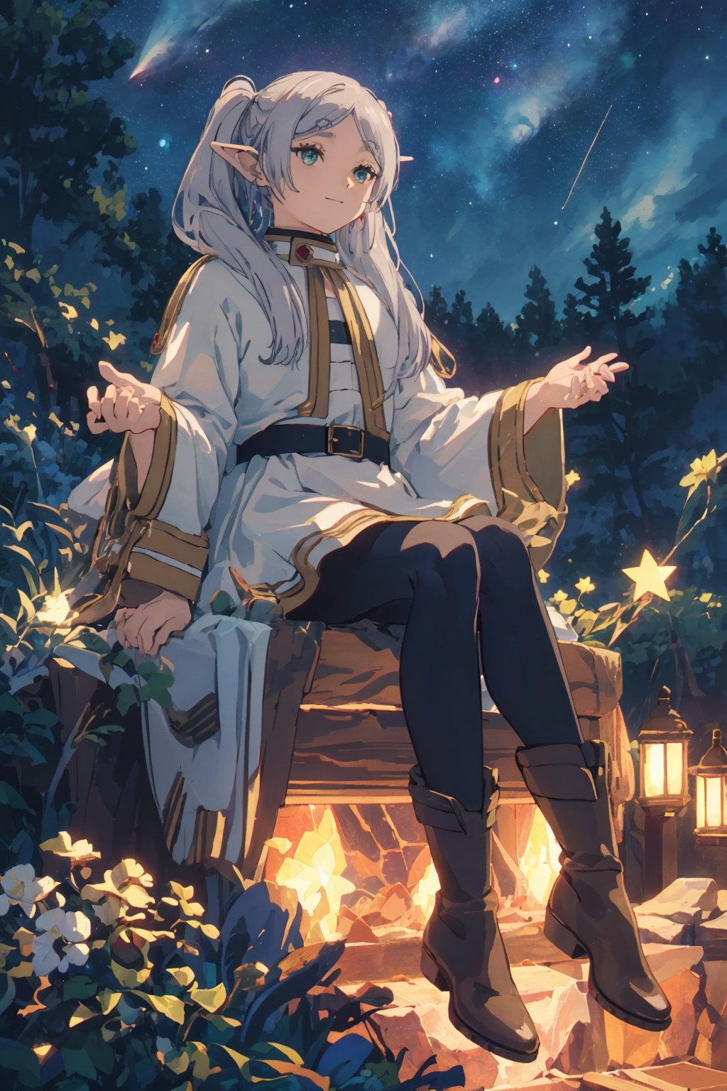 ((medium shot)), Highly detailed, high quality, masterpiece, beatiful, intricate details, cinematic lighting , expressive eyes, perfect face, face looking at viewer, flying, sitting, full body, pikkyfrieren, (slightly smiling with closed mouth), (frieren, green eyes, grey hair, parted bangs, long hair, twintails, pointy ears, dangle red earrings, black pantyhose, brown boots), (anti-gravity in the air), forests, ((night)), ((starry sky)), (shooting stars), comet,