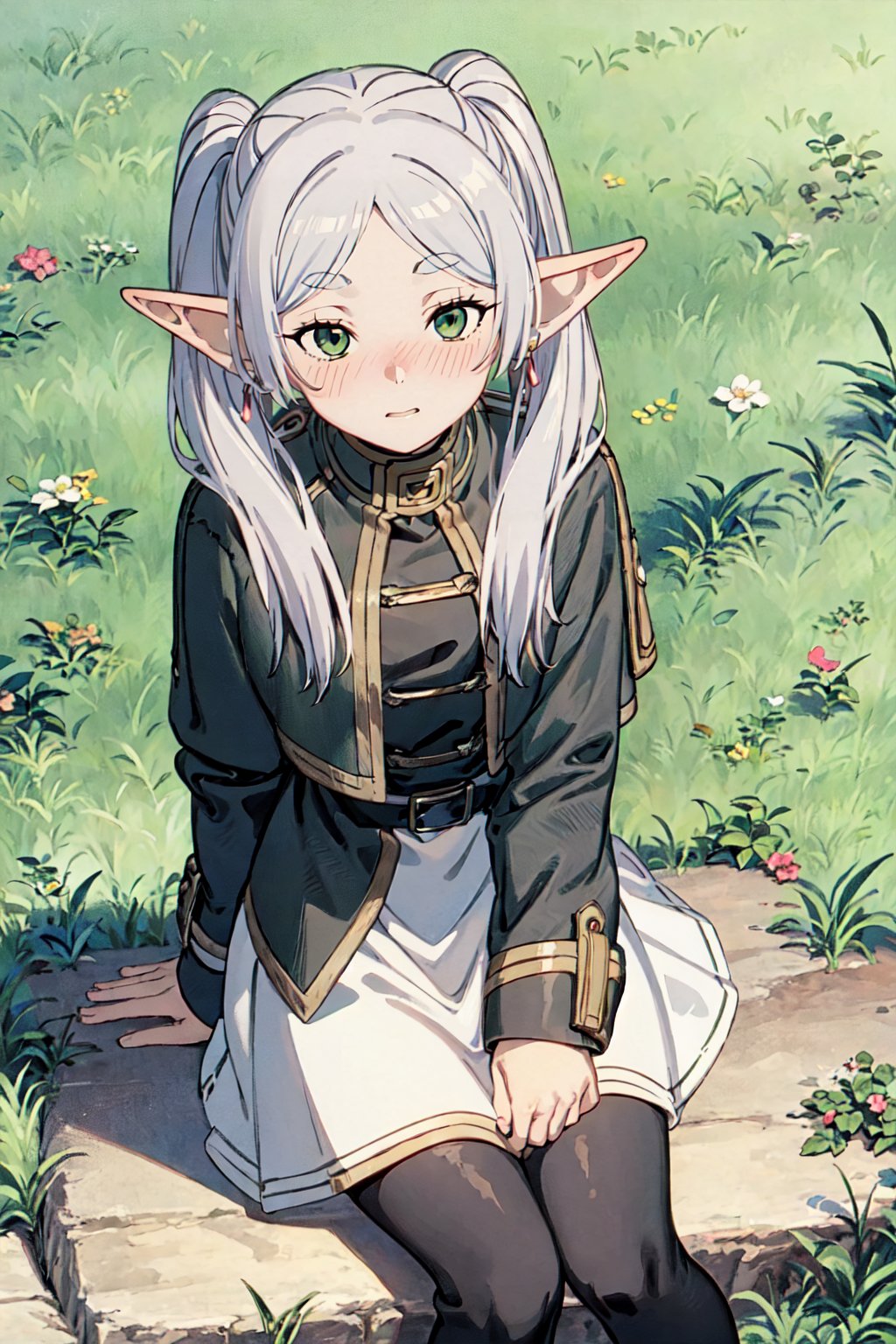 frieren, long hair, twintails, (green eyes:1.5), grey hair, pointy ears, elf, 1girl,  solo,  look away, shy,blush, nervous,   midjourney 
double ponytails,  black coat, short skirt, net stocking  , sit, grassland
 ,Frieren,gawr gura