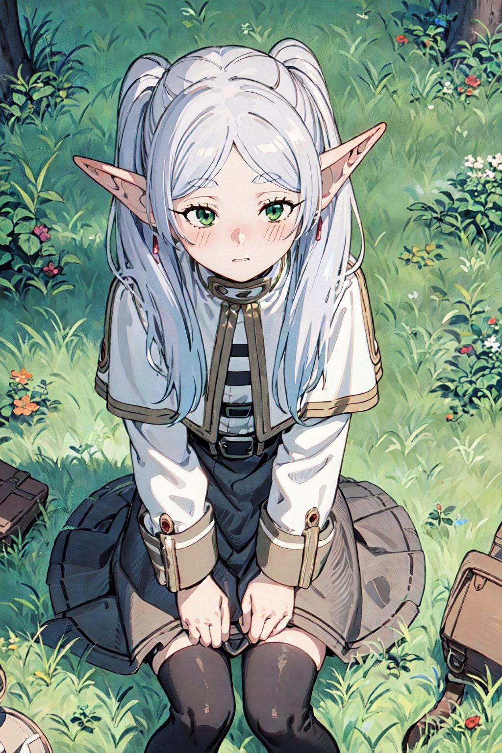 frieren, long hair, twintails, (green eyes:1.5), grey hair, pointy ears, elf, 1girl,  solo,  look away, shy,blush, nervous,   midjourney 
double ponytails,  black coat, short skirt, net stocking  , sit, grassland
 ,Frieren,gawr gura