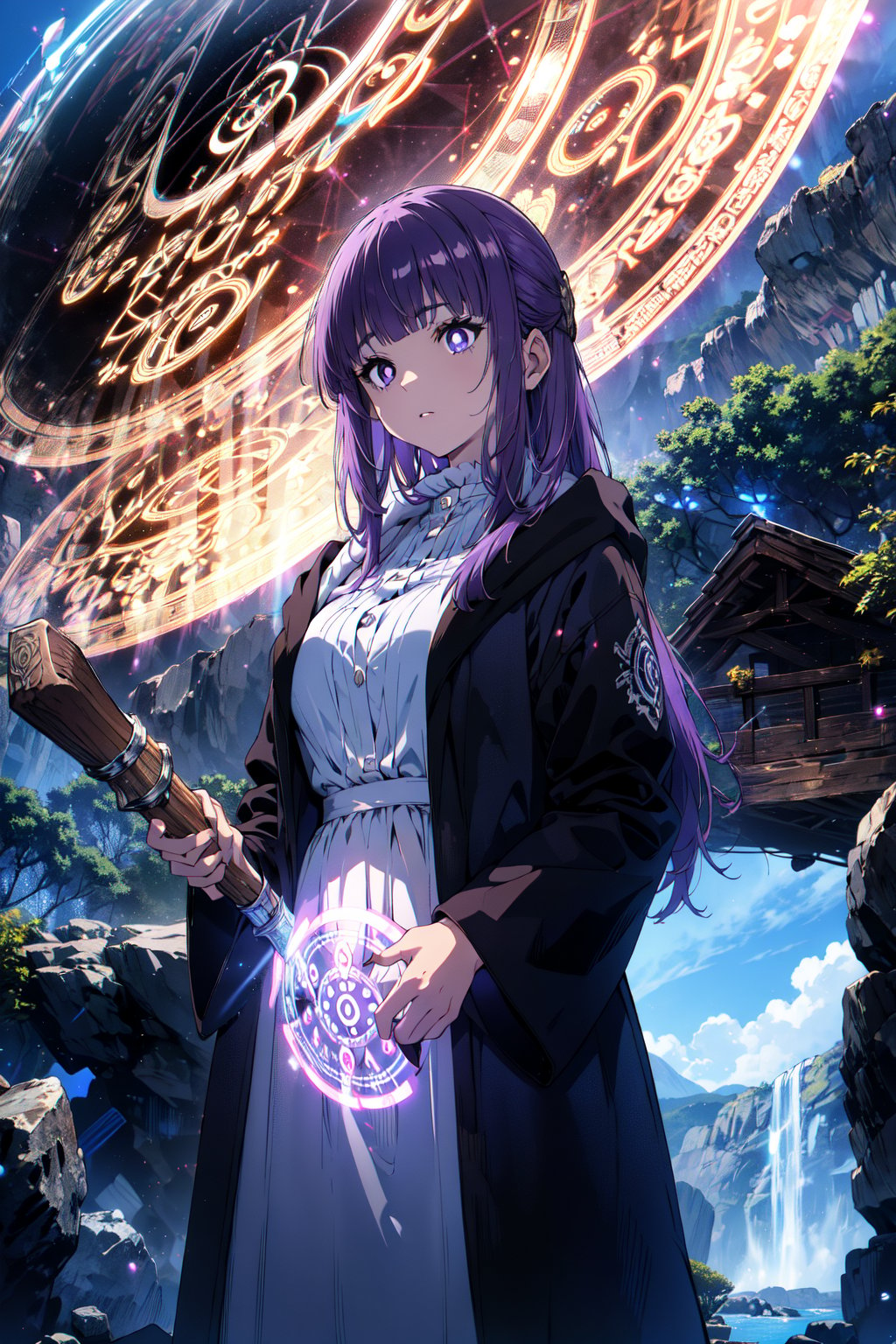 masterpiece, (ultra detailed background:1.3), delicate pattern, intricate detail, highly detailed, fine details, best quality, studio lighting, front lighting, 4K, 8K, absurdres, perfect anatomy, cowboy shot, look forward, very long hair, purple hair, purple eyes, (purple pupils), (white dress:1.3), (black robe:1.2), wood staff, holding staff, (glowing magic circle:1.3), (blue magic circle:1.3), (transparent magic circle:1.3), (magic circles surrounded:1.2), (outdoors:1.3), bright environment, Alps, sunny, blue sky, rocks, open field,