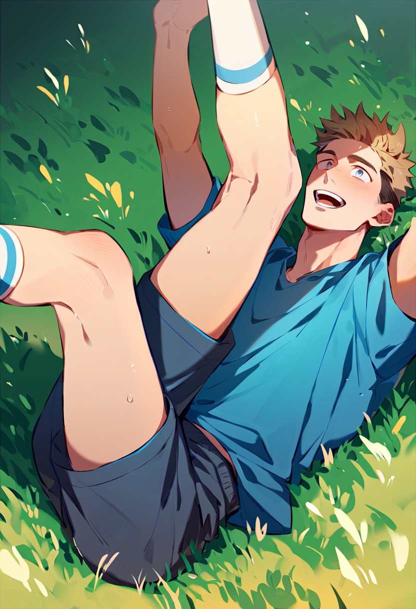 score_9, score_8_up, score_7_up, score_6_up, rating explicit, 1boy, lying on grassy ,arms stretched, short-sleeved blue shirt, dark blue shorts,white socks, face up, excited. extended legs