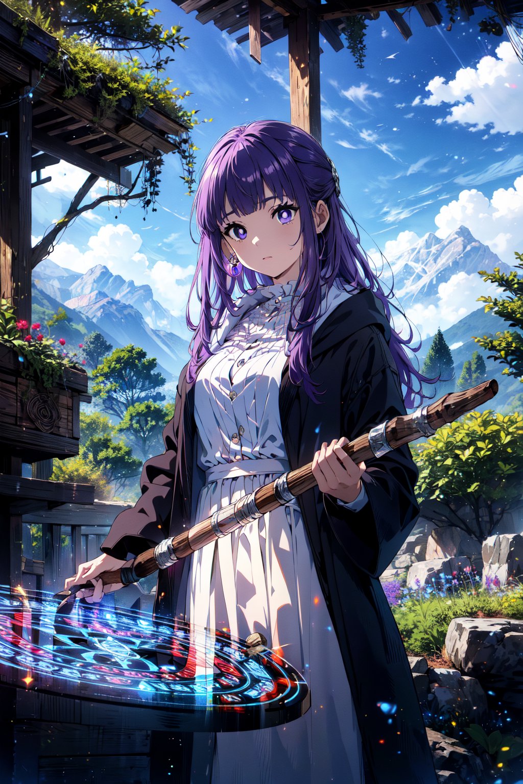 masterpiece, (ultra detailed background:1.3), delicate pattern, intricate detail, highly detailed, fine details, best quality, studio lighting, front lighting, 4K, 8K, absurdres, perfect anatomy, cowboy shot, look forward, very long hair, purple hair, purple eyes, (purple pupils), (white dress:1.3), (black robe:1.2), wood staff, holding staff, (glowing magic circle:1.3), (blue magic circle:1.3), (transparent magic circle:1.3), (magic circles surrounded:1.2), (outdoors:1.3), bright environment, Alps, sunny, blue sky, rocks, open field,