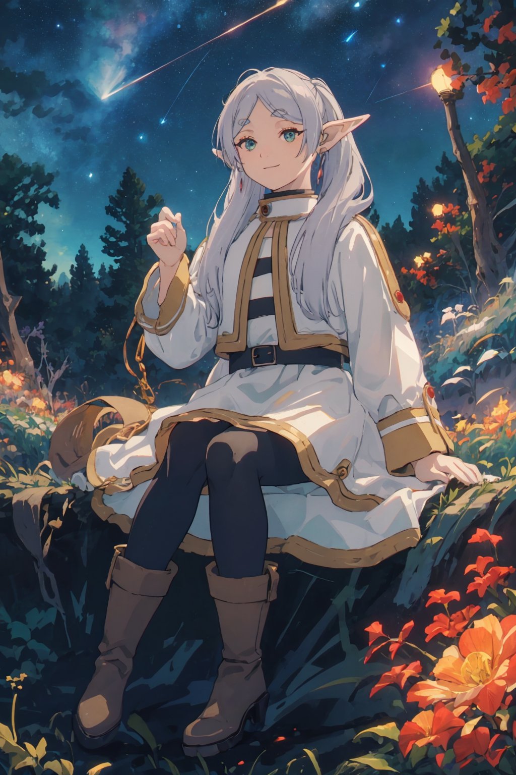 ((medium shot)), Highly detailed, high quality, masterpiece, beatiful, intricate details, cinematic lighting , expressive eyes, perfect face, face looking at viewer, flying, sitting, full body, pikkyfrieren, (slightly smiling with closed mouth), (frieren, green eyes, grey hair, parted bangs, long hair, twintails, pointy ears, dangle red earrings, black pantyhose, brown boots), (anti-gravity in the air), forests, ((night)), ((starry sky)), (shooting stars), comet,