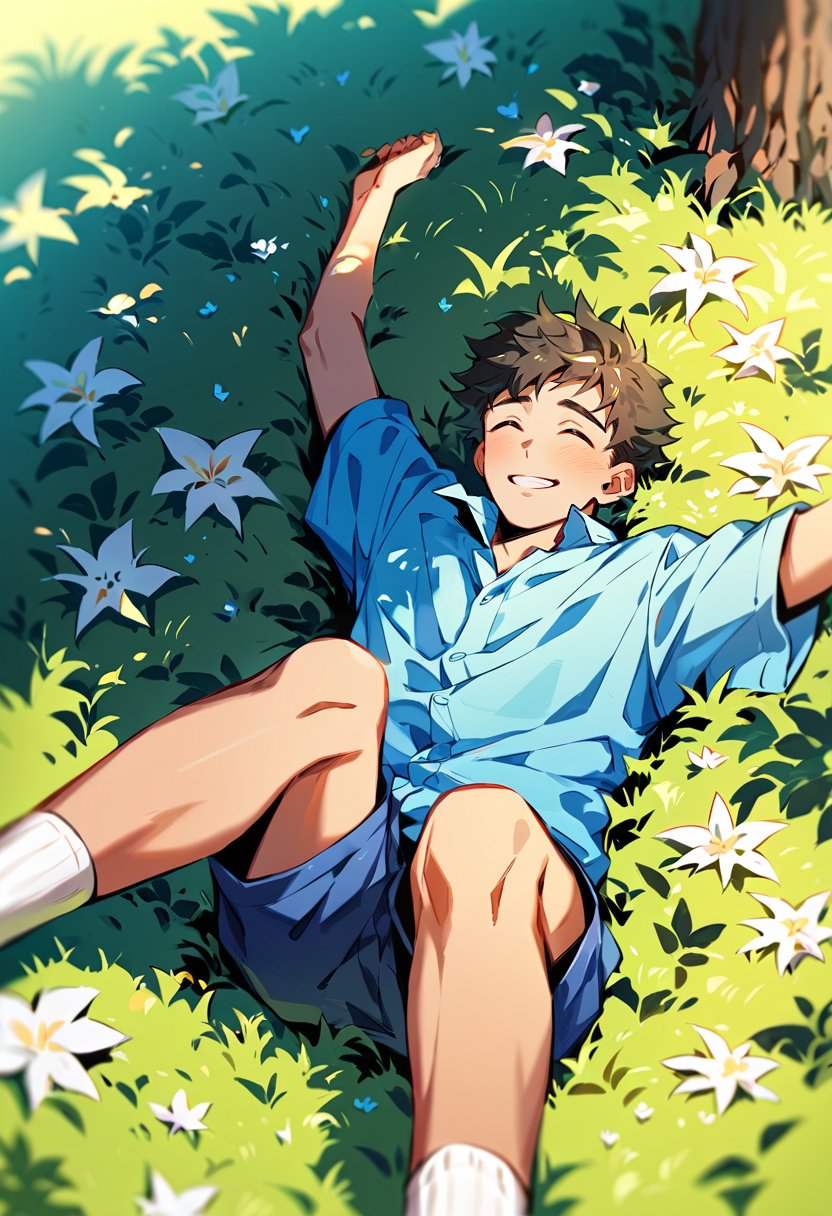 score_9, score_8_up, score_7_up, score_6_up, masterpiece, best quality, best aesthetics, perfect anatomy, perfect proportions, high resolution, good colors, good shading, countershading, well detailed background, BREAK, rating explicit, 1boy, lying on grassy ,arms stretched, short-sleeved blue shirt, dark blue shorts,white socks, face up, excited. extended legs, happy