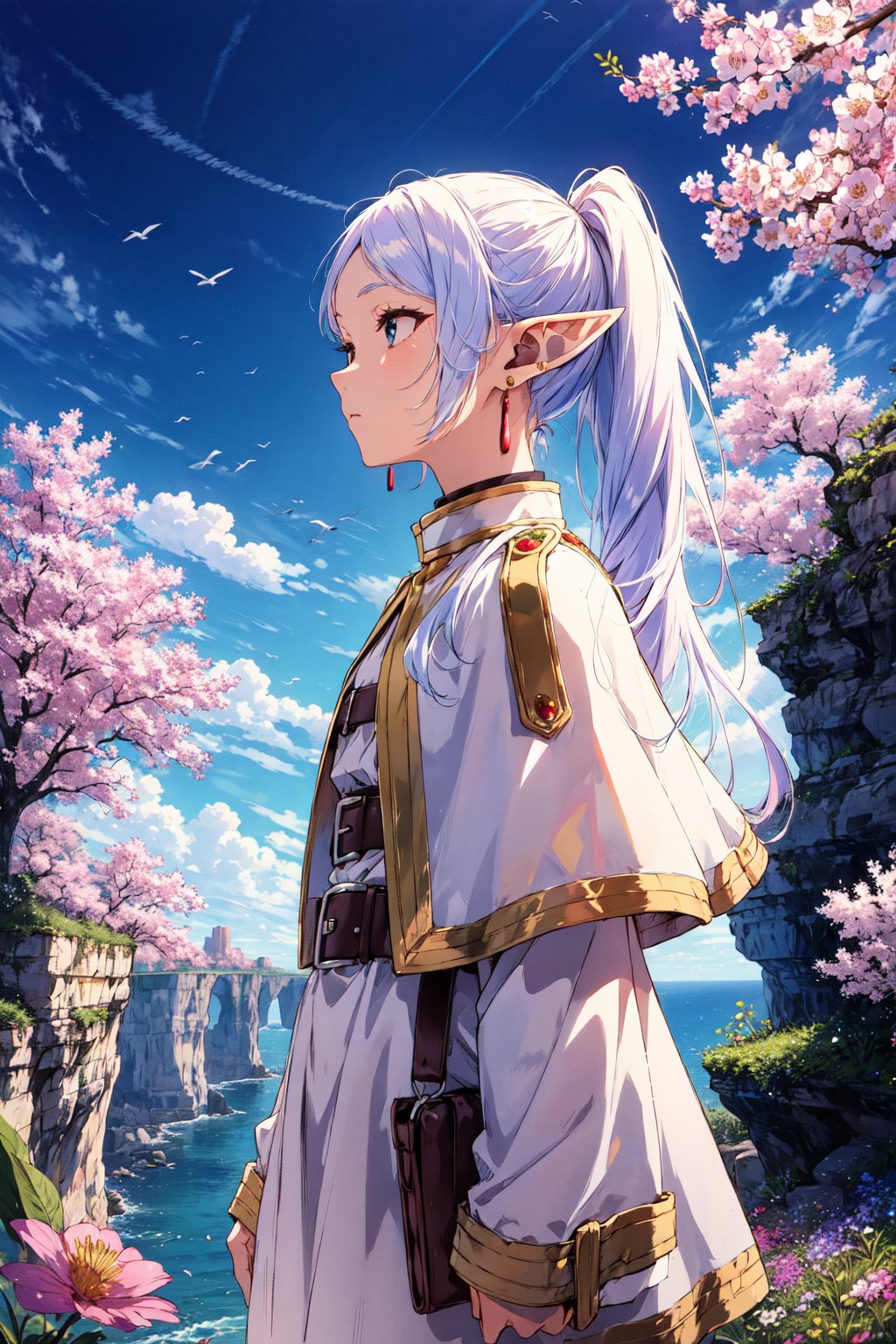 masterpiece,best quality,1girl,frieren,long hair,pointy ears,twintails,parted bangs,elf,jewelry,earrings,capelet,white capelet,long sleeves,dress,belt,flower,expressionless,standing,looking afar,cliff,wind,from side,cowboy shot