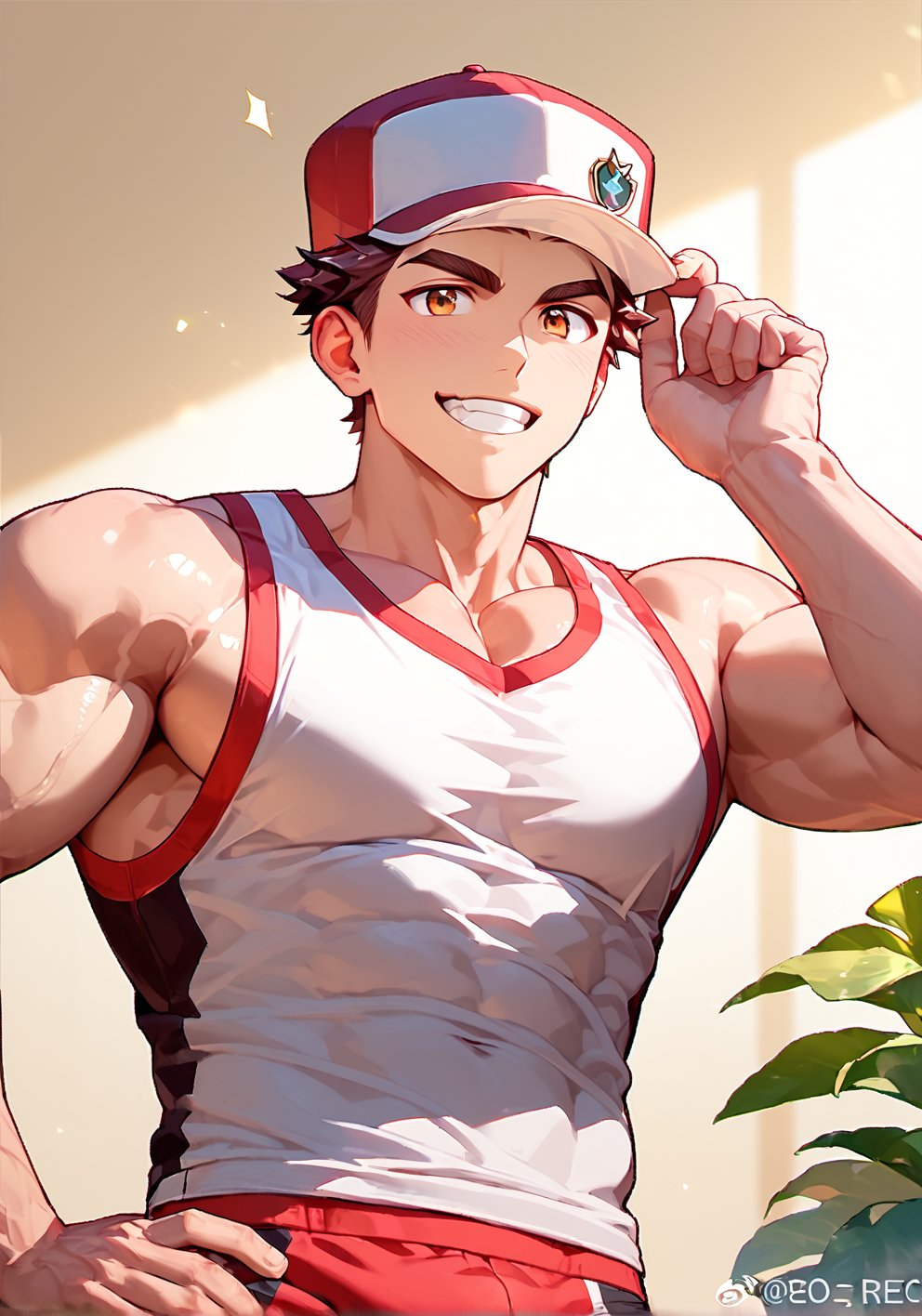 score_9, score_8_up, score_7_up,solo,1boy,male focus,male, indoor,best quality, amazing quality, best aesthetic, year 2023, fullbody, tight red underwear,Muscular Male,Pectorals,Large Pectorals, red_neo_champion, dark brown hair, brown eyes, hat, expressive, hot