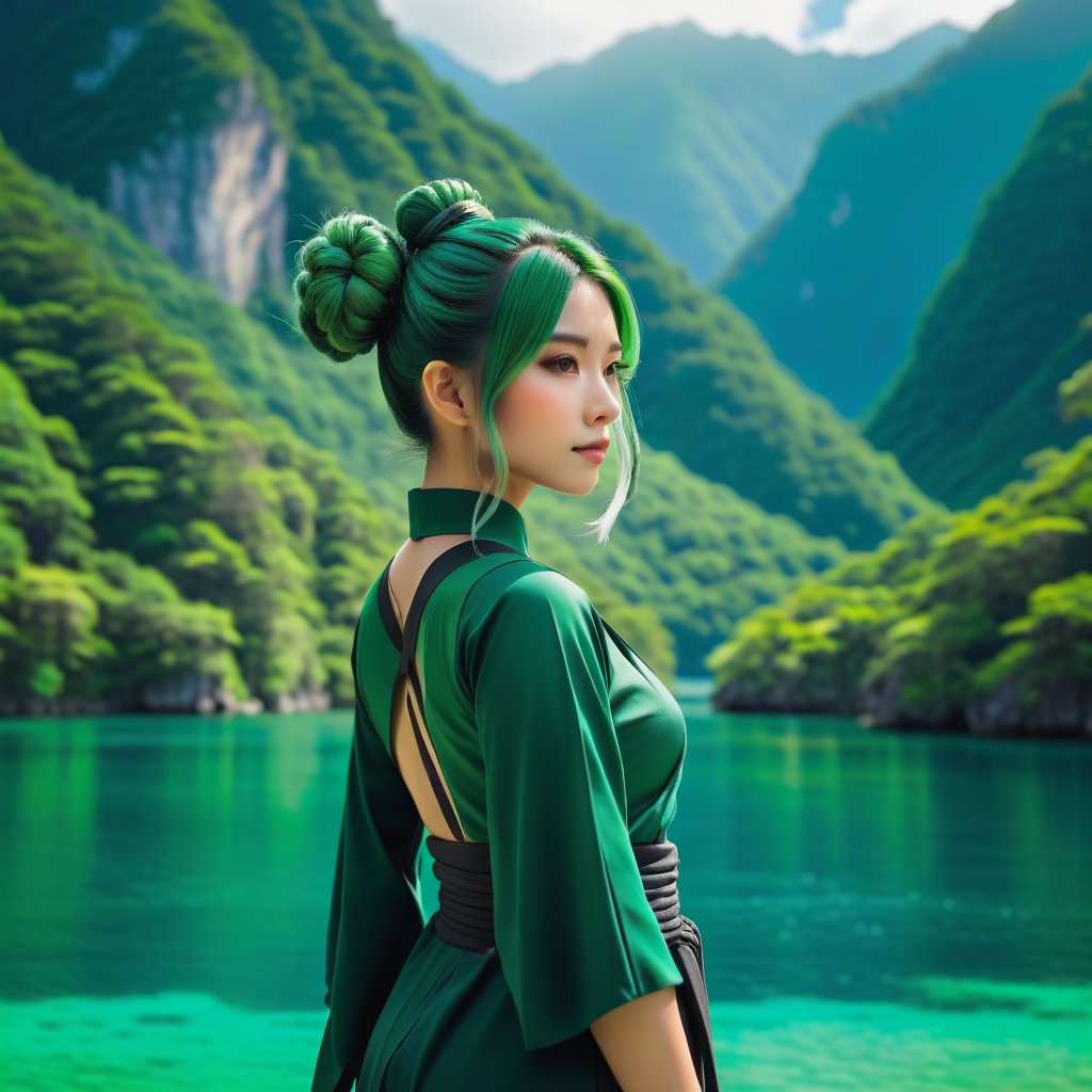 A vibrant image of a green-haired girl with a double-bun hairstyle, wearing a green肚兜 and black踩脚袜, standing in a serene landscape of lush mountains and clear waters. She holds a武士刀 with a determined expression, the sunlight casting a warm glow on her attire and the surrounding greenery. The composition captures her poised stance, blending traditional and modern elements in a harmonious setting.