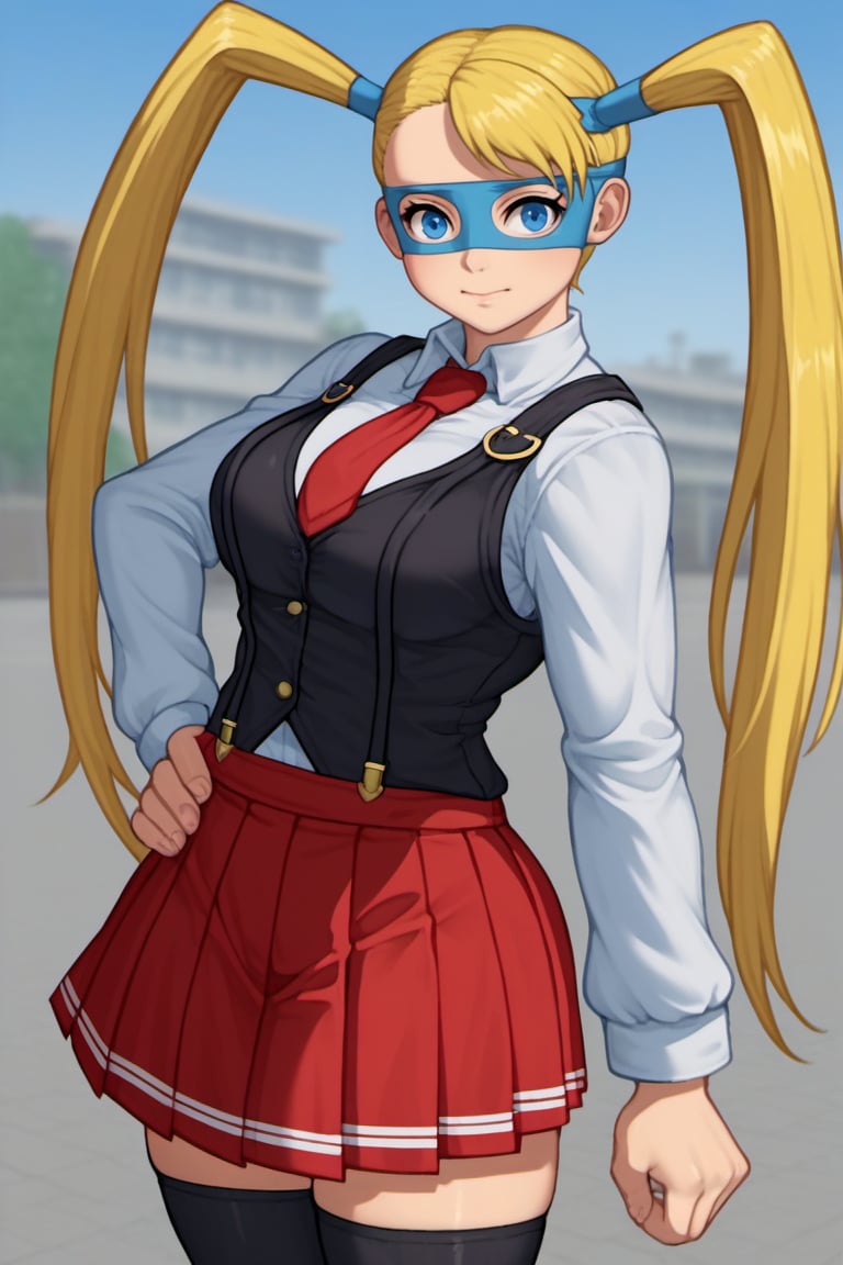 streetfighter,CLOTHING_BibleBlack_SchoolDress_ownwaifu,red necktie, necktie, zettai ryouiki, pleated skirt, long sleeves, black thighhighs, suspenders, collared shirt, black vest, white shirt, red skirt, 2D,anime,1girls,1girl,solo_female,rainbow mika