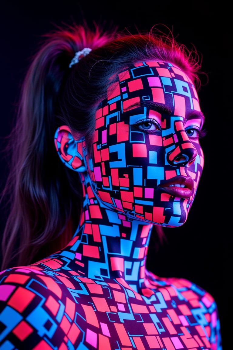 A vivid neon explosion of glowing squares, geometric patterns and sharp lines that form the portrait of a futuristic woman, visually striking and dynamic, dark background, sharp focus, crisp quality, HD, DOF, 4k, intricate detail, dynamic composition, beautiful lighting