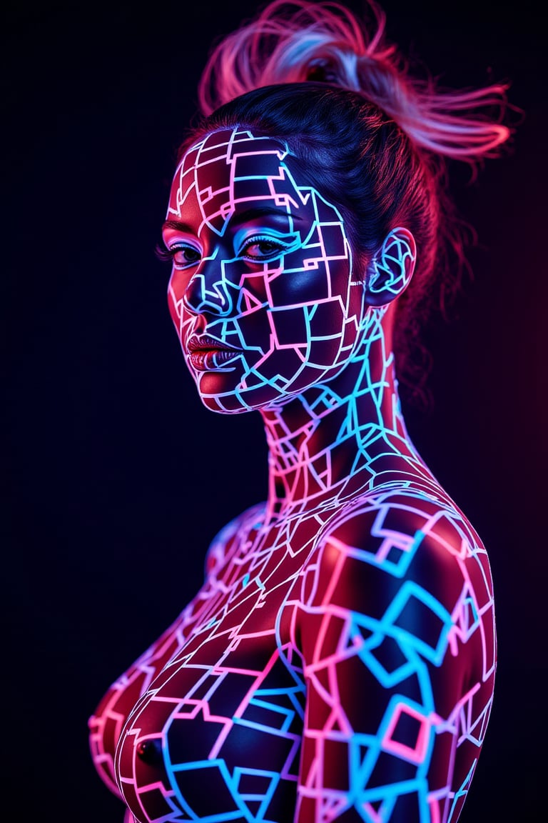 A vivid neon explosion of glowing squares, geometric patterns and sharp lines that form the portrait of a futuristic woman, visually striking and dynamic, dark background, sharp focus, crisp quality, HD, DOF, 4k, intricate detail, dynamic composition, beautiful lighting