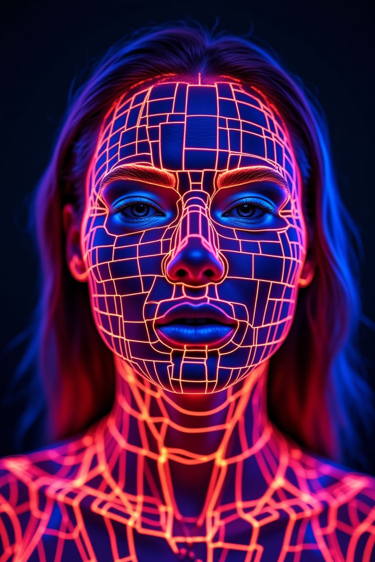 A vivid neon explosion of glowing squares, geometric patterns and sharp lines that form the portrait of a futuristic woman, visually striking and dynamic, dark background, sharp focus, crisp quality, HD, DOF, 4k, intricate detail, dynamic composition, beautiful lighting