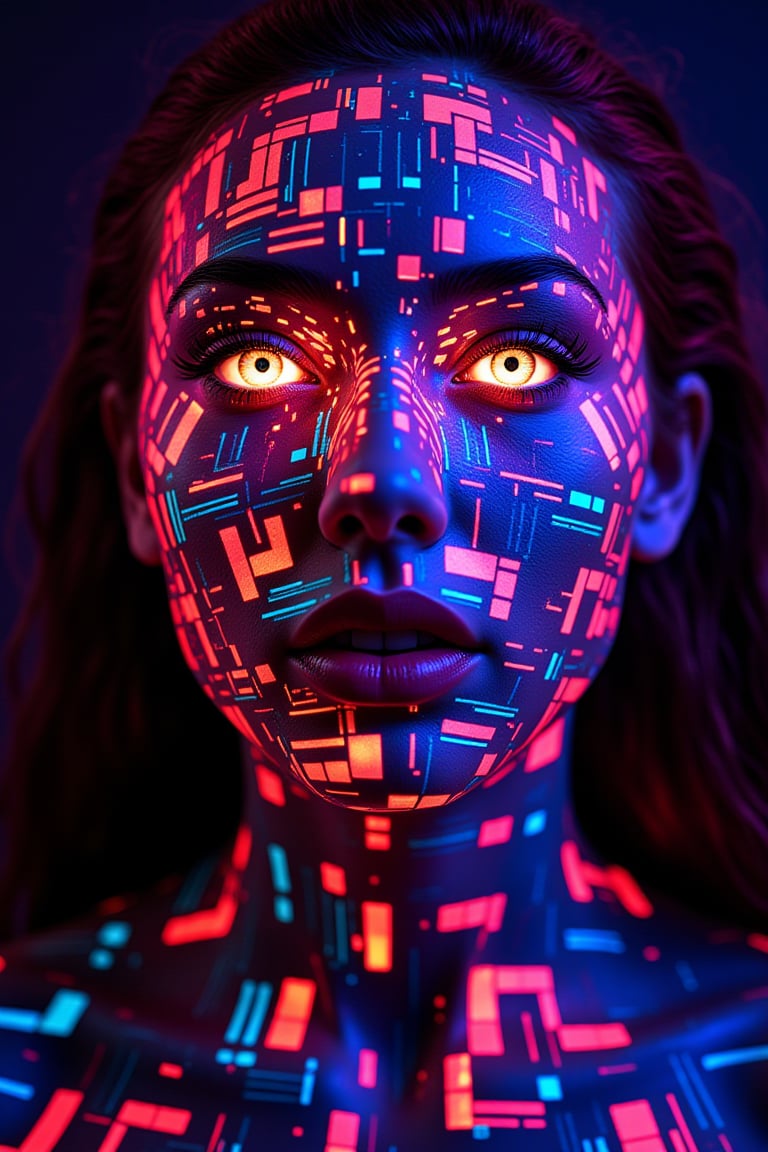 A vivid neon explosion of glowing squares, geometric patterns and sharp lines that form the portrait of a futuristic woman, visually striking and dynamic, dark background, sharp focus, crisp quality, HD, DOF, 4k, intricate detail, dynamic composition, beautiful lighting