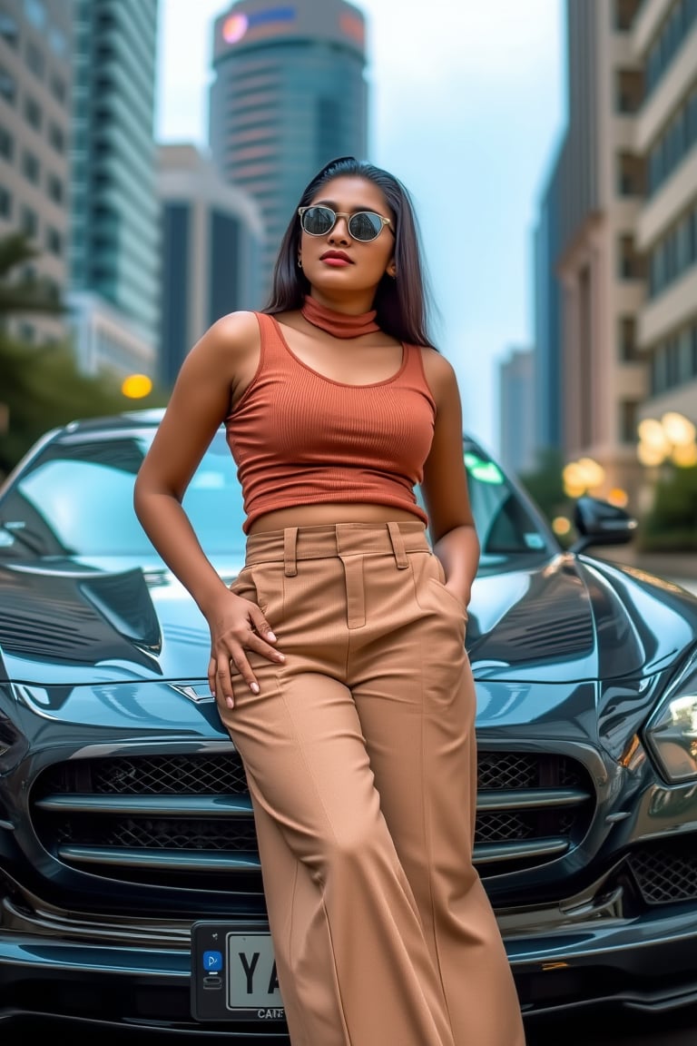 Generate an image of a confident Sri Lankan woman leaning against a sleek, modern car in an urban setting. She’s wearing a high-neck, sleeveless crop top paired with wide-legged, high-waisted trousers, creating a bold and stylish look. Her sunglasses rest on the bridge of her nose as she gazes forward with a relaxed, yet powerful expression. The cityscape behind her is filled with towering buildings and bright lights, reflecting off the polished surface of the car. The scene should evoke a strong, urban vibe, highlighting a blend of modern fashion with a cool, city-chic attitude.