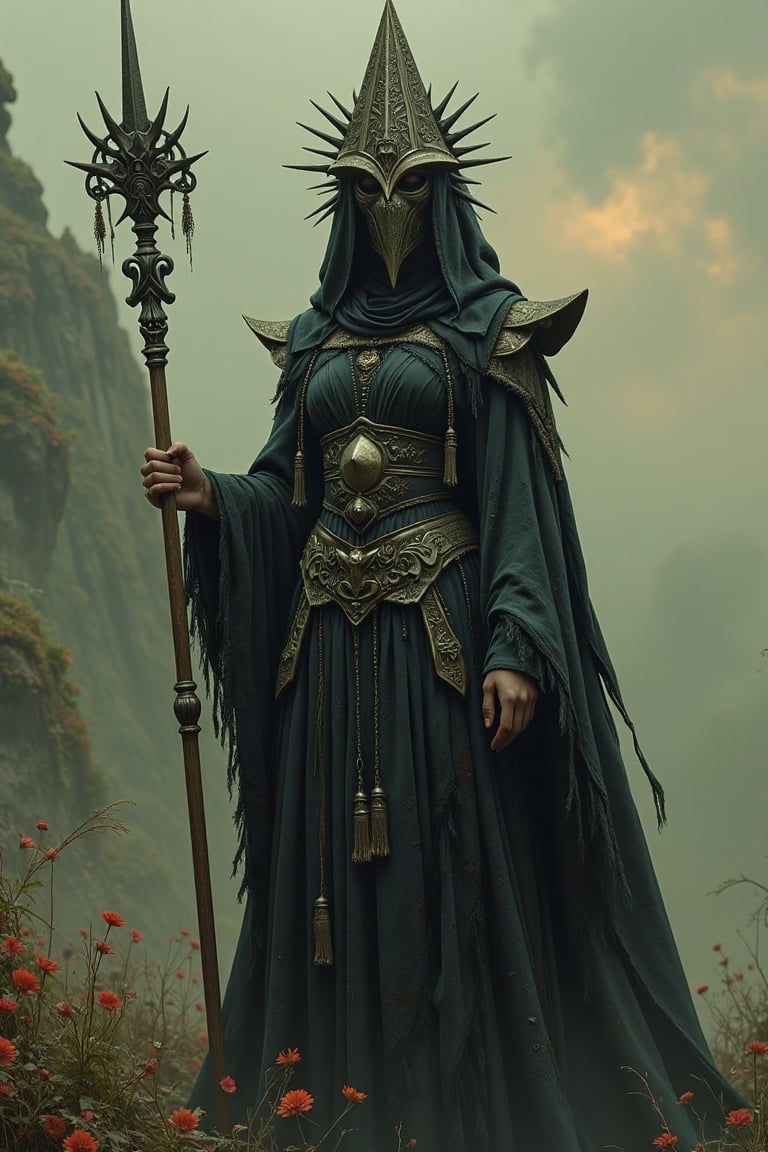 A hauntingly beautiful and conceptual 3D render of a mysterious woman, temple knight, ornate and elaborate detail, filigree and fractal pageantry, draped in a long, tattered robe and obscured by an intricately designed triangular metal mask, reminiscent of a pyramid with a sharp point. She holds a long staff adorned with a unique, spiky design at the top. The muted, cloudy sky evokes a foreboding atmosphere, with misty fog in shades of reds and yellows enveloping the scene. This artwork, inspired by Ukiyo-e and Silent Hill horrorcore, captures a sense of unease and intrigue, transporting viewers into a world of mystery and enchantment., 3d render, ukiyo-e, painting, conceptual art