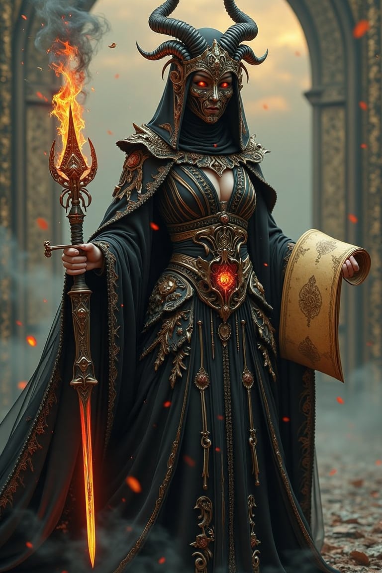 A hauntingly beautiful and conceptual 3D render of a mysterious woman, temple knight, ornate and elaborate detail, filigree and fractal pageantry, draped in a long, gorgeous luxurious glowing radiant demonic robe and obscured by an intricately designed filigree metal mask, demonic design. She hold a flaming fiery sword that is design in a gothic ornate way,in one hand and a long unraveled scroll in the other hand and the scroll she holds is radiating dark magic. The muted, cloudy sky evokes a foreboding atmosphere, with misty fog in shades of reds and yellows enveloping the scene. This artwork, inspired by Ukiyo-e and Silent Hill horrorcore, captures a sense of unease and intrigue, transporting viewers into a world of mystery and enchantment., 3d render, ukiyo-e, painting, conceptual art