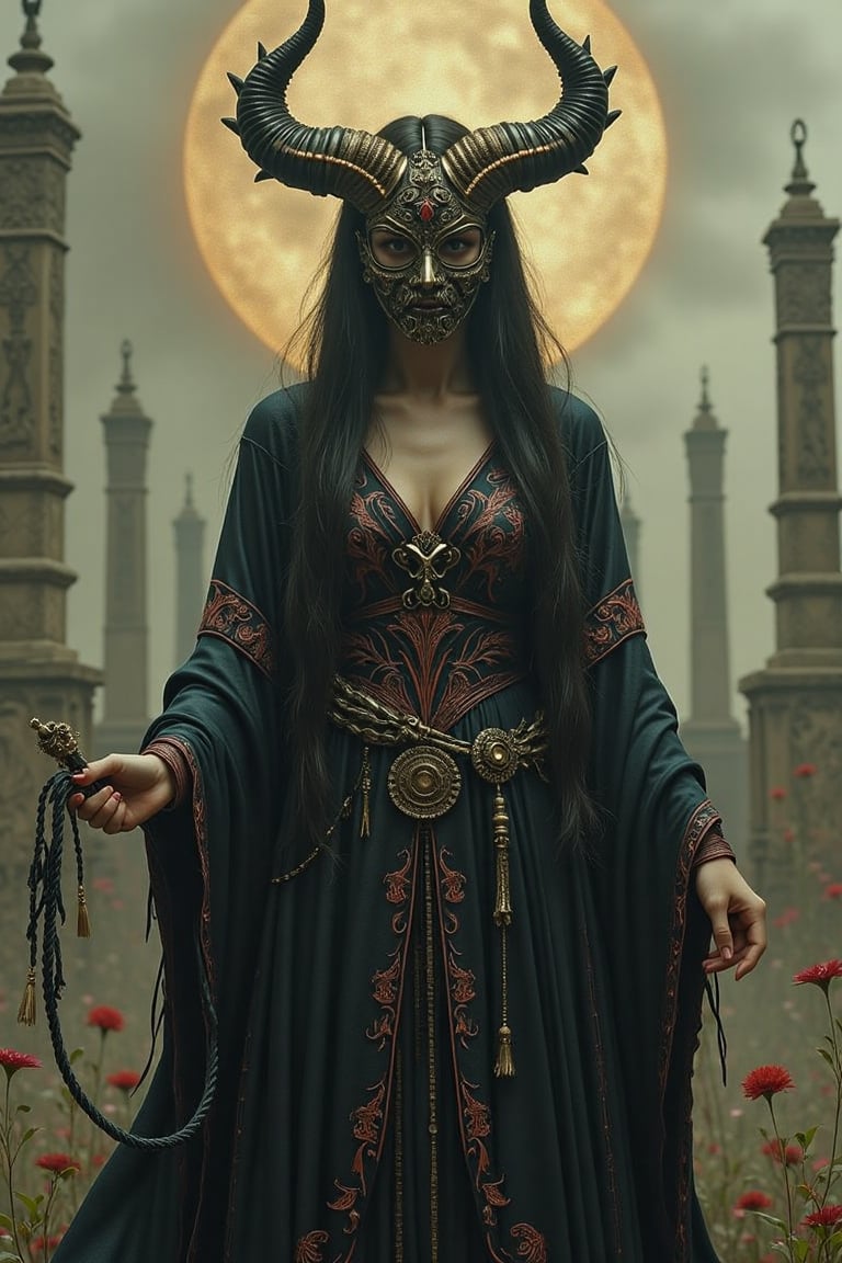 A hauntingly beautiful and conceptual 3D render of a mysterious woman, temple knight, ornate and elaborate detail, filigree and fractal pageantry, draped in a long, gorgeous luxurious radiant demonic robe and obscured by an intricately designed filigree metal mask, demonic design. She hold a flamin whip. The muted, cloudy sky evokes a foreboding atmosphere, with misty fog in shades of reds and yellows enveloping the scene. This artwork, inspired by Ukiyo-e and Silent Hill horrorcore, captures a sense of unease and intrigue, transporting viewers into a world of mystery and enchantment., 3d render, ukiyo-e, painting, conceptual art