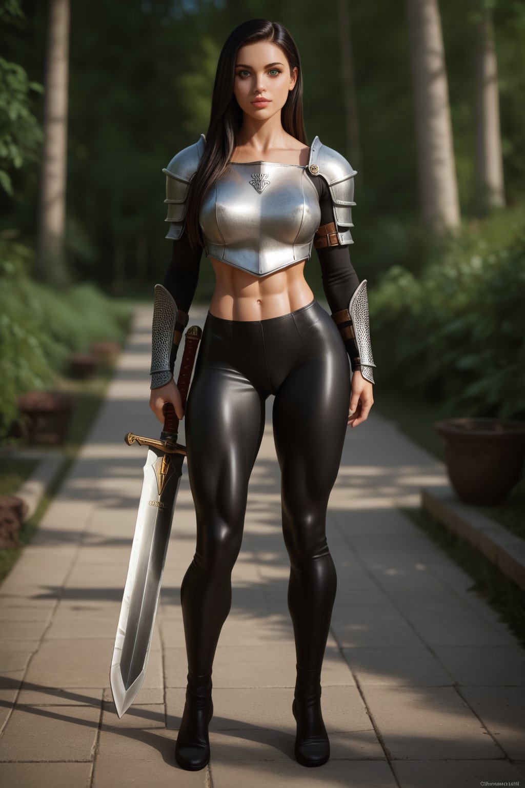 zPDXL3, 8k, full body shot, high detail, masterpiece, perfect face, detailed face, very cute, (((supermodel, high cheekbones))), outdoor, countryside, golden hour, dramatic lighting, 1female, fit, female knight, sword and spear, looking at viewer, long hair, black hair, green eyes, perfect face, full lips, leather leggings, light armor, very muscular, BREAK score_9_up, score_8_up, score_7_up, score_6_up