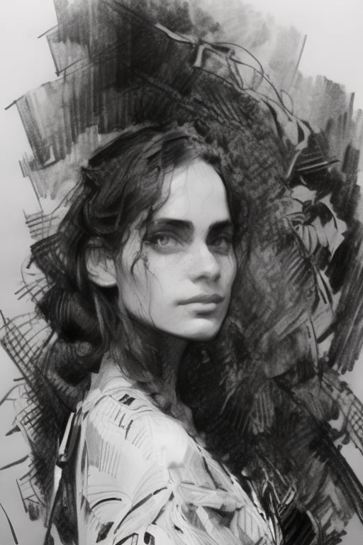 Black and White pencil Sketch, Vigilant gaze of Elisha: A majestic 8K masterpiece by Casey Baugh, rendered in exquisite pencil strokes. The subject's features are illuminated by a soft, ethereal light, while the white dress flows like mist around her form. Unfinished yet unfinished, large brushstrokes create a textured background, revealing glimpses of paper beneath. The face, however, is a realm of high contrast, where deep darks and subtle nuances converge in a breathtakingly detailed portrait.