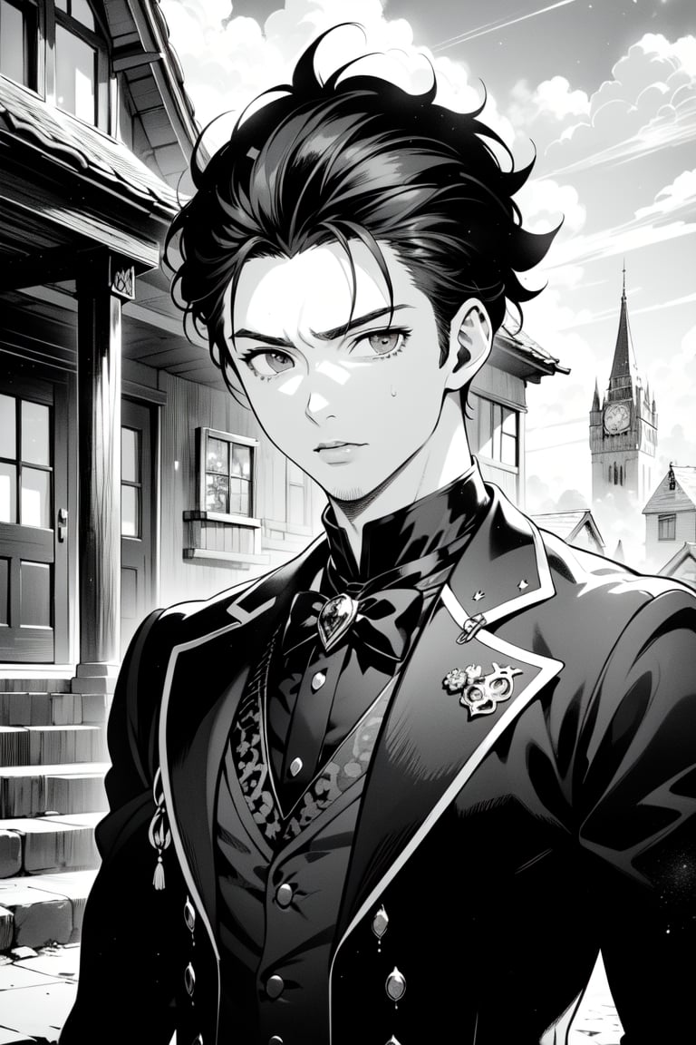 ((grayscale, manga, monochrome)), ((screen tone, stipple dot)), Medium-shot, upper-body shot, 1boy, handsome, masculine, muscular, tousled hair, detailed eyes, wearing dark vintage goth attire, detailed outfit. Behind him, a haunted Victorian manor.