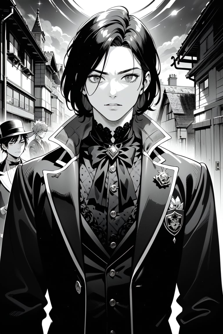 ((grayscale, manga, monochrome)), ((screen tone, stipple dot)), Medium-shot, upper-body shot, 1boy, handsome, masculine, muscular, tousled hair, detailed eyes, wearing dark vintage goth attire, detailed outfit. Behind him, a haunted Victorian manor.