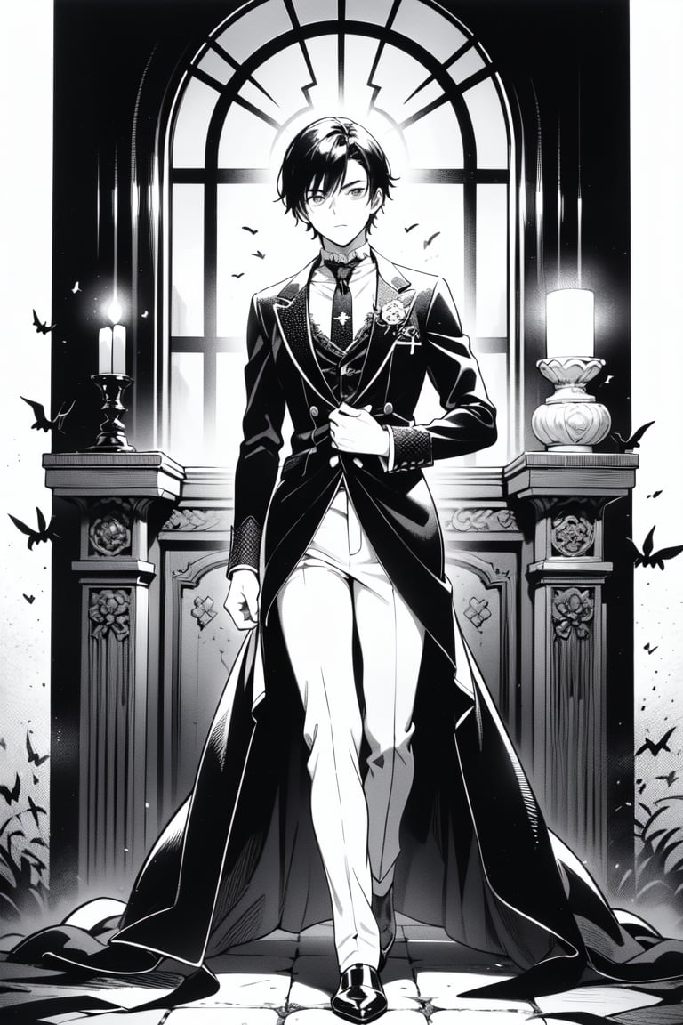 ((grayscale, manga, monochrome)), ((screen tone, stipple dot)), Medium-shot, 1boy, handsome, tousled hair, detailed eyes, wearing dark vintage goth attire, detailed outfit. He wears a crisp, white high-collared shirt with lace-trimmed puffed sleeves. He stands confidently in front of a haunted Victorian manor.