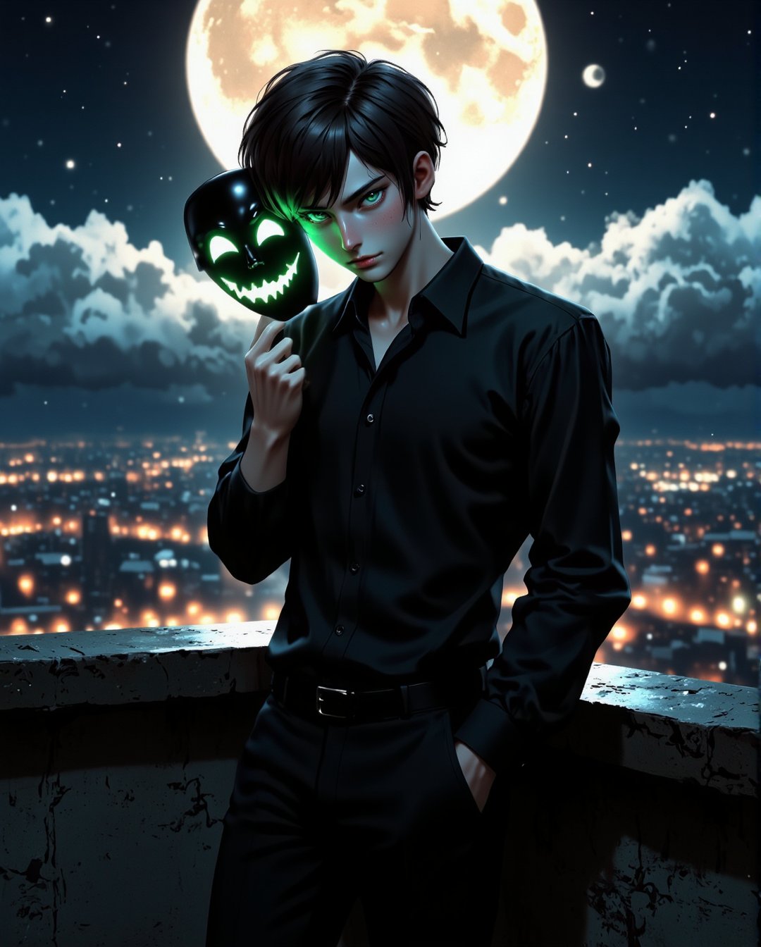 close-up of confident semi-anime male character with dark hair,  standing on a rooftop under a full moon,  the city skylin...