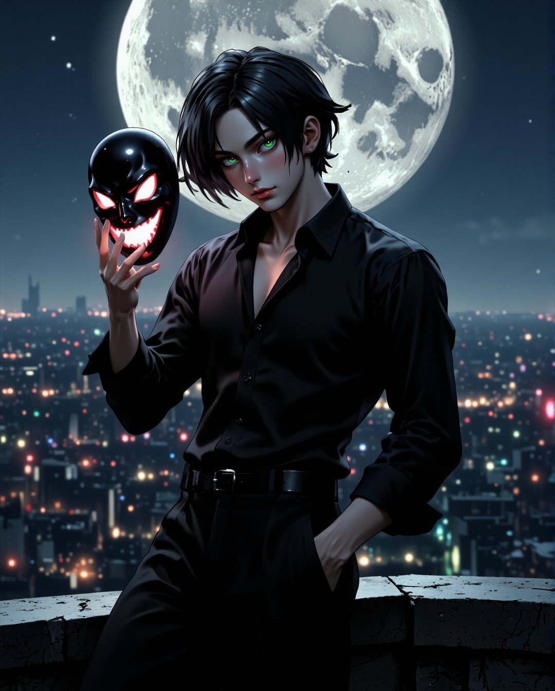 close-up of confident semi-anime male character with dark hair,  standing on a rooftop under a full moon,  the city skylin...