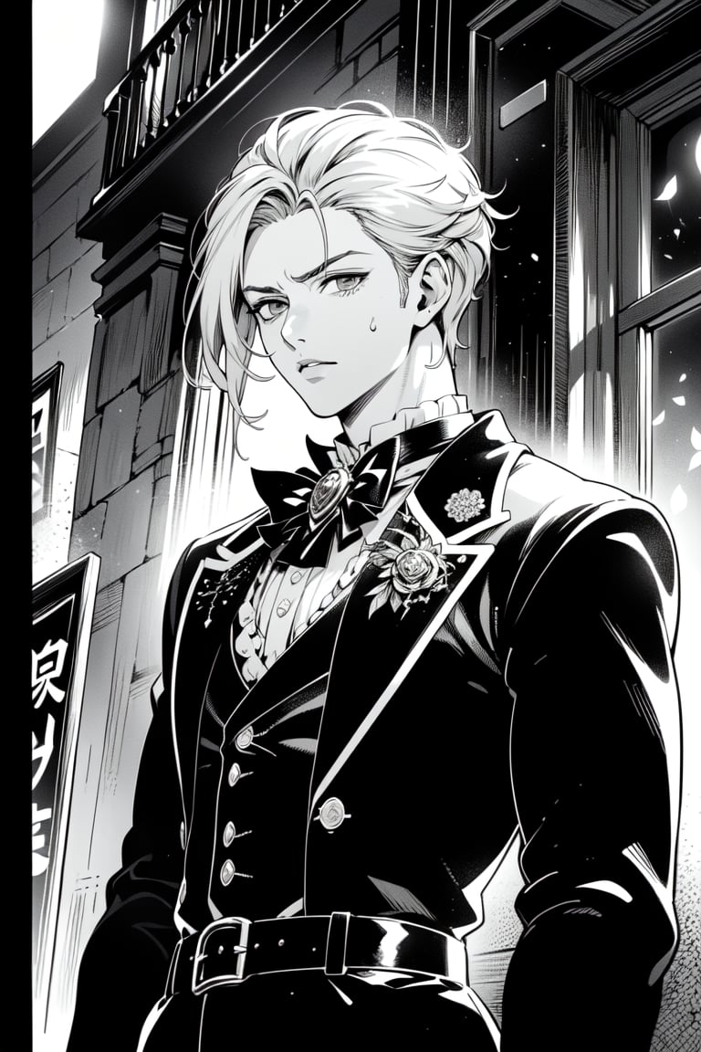 ((grayscale, manga, monochrome)), ((screen tone, stipple dot)), Medium-shot, upper-body shot, 1boy, handsome, masculine, muscular, tousled hair, detailed eyes, wearing dark vintage goth attire, detailed outfit. Behind him, a haunted Victorian manor.