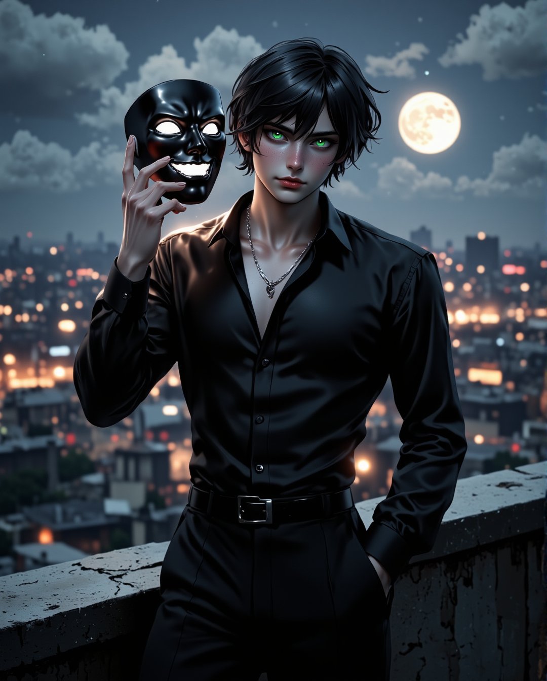 close-up of confident semi-anime male character with dark hair,  standing on a rooftop under a full moon,  the city skylin...