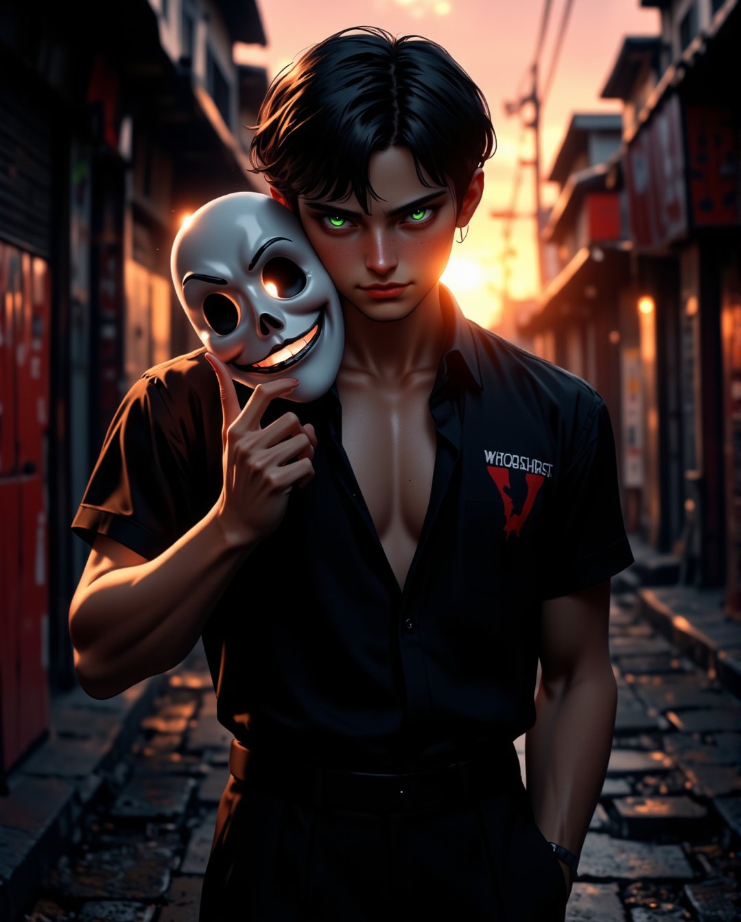 close-up of confident semi-anime male character with dark hair,  standing in a dimly lit alleyway at sunset,  wearing slee...