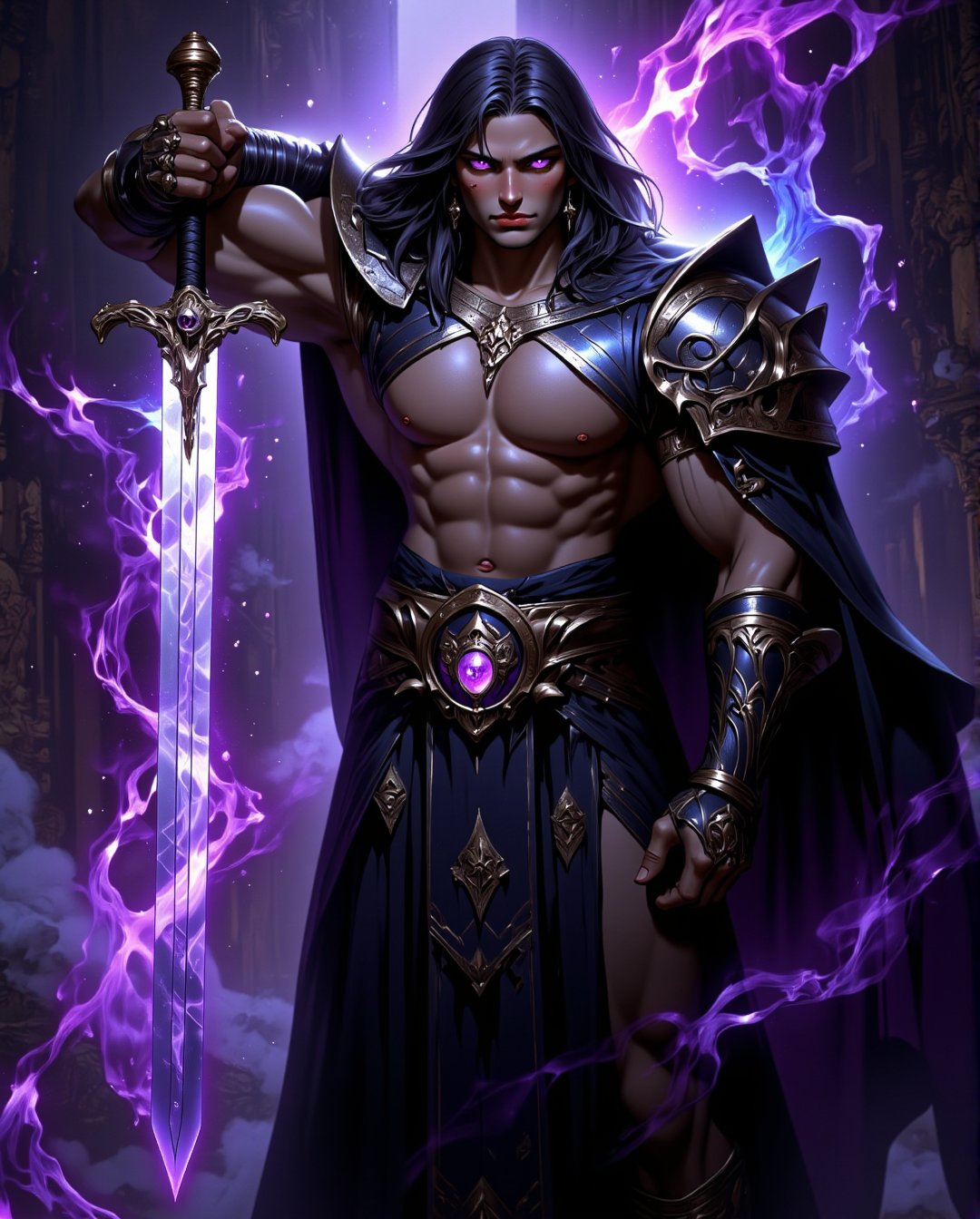 A majestic warrior stands triumphantly, his robust physique radiating confidence as he grasps a colossal sword. His dark hair flows like night, framing the chiseled features of his face, while piercing purple eyes burn with an inner fire. Magic light emanates from the sword, casting an ethereal glow on his intricate costume, evoking a sense of dark fantasy and high-stakes adventure. The dominant dark tones are punctuated by vivid purple and blue highlights, creating a visually striking contrast that draws the viewer's attention.