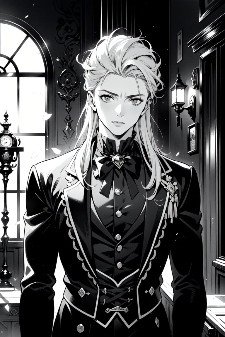 ((grayscale, manga, monochrome)), ((screen tone, stipple dot)), Medium-shot, upper-body shot, 1boy, handsome, masculine, muscular, tousled hair, detailed eyes, wearing dark vintage goth attire, detailed outfit. Behind him, a haunted Victorian manor.