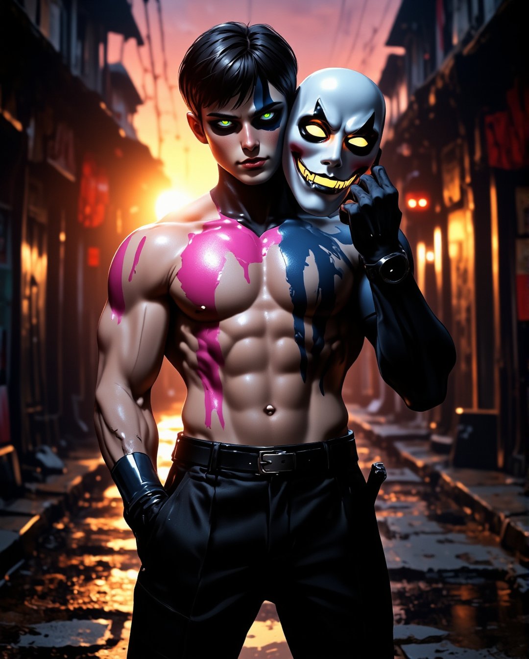Medium shot of a confident semi-anime male character with dark hair,  standing in a dimly lit alleyway at sunset,  wearing...