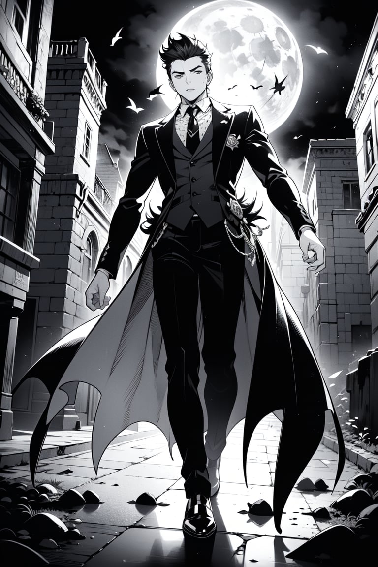 ((grayscale, manga, monochrome)), ((screen tone, stipple dot)), Medium-shot, A handsome young man, 22 years old, with intense dark eyes and short, slicked-back hair with loose strands framing his face. His pale skin contrasts with his dark vintage goth attire. He wears a crisp, white high-collared shirt with lace-trimmed puffed sleeves. He stands confidently in front of a haunted Victorian manor. The manor looms behind him, with shattered windows and creeping vines, as eerie mist swirls at his feet. The moonlight casts an ethereal glow, and the atmosphere is filled with tension and mystery. Created Using: anime-manga style, detailed gothic fashion, haunted manor background, glowing jack-o’-lantern, eerie lighting effects, gothic atmosphere, rich textures, dynamic pose