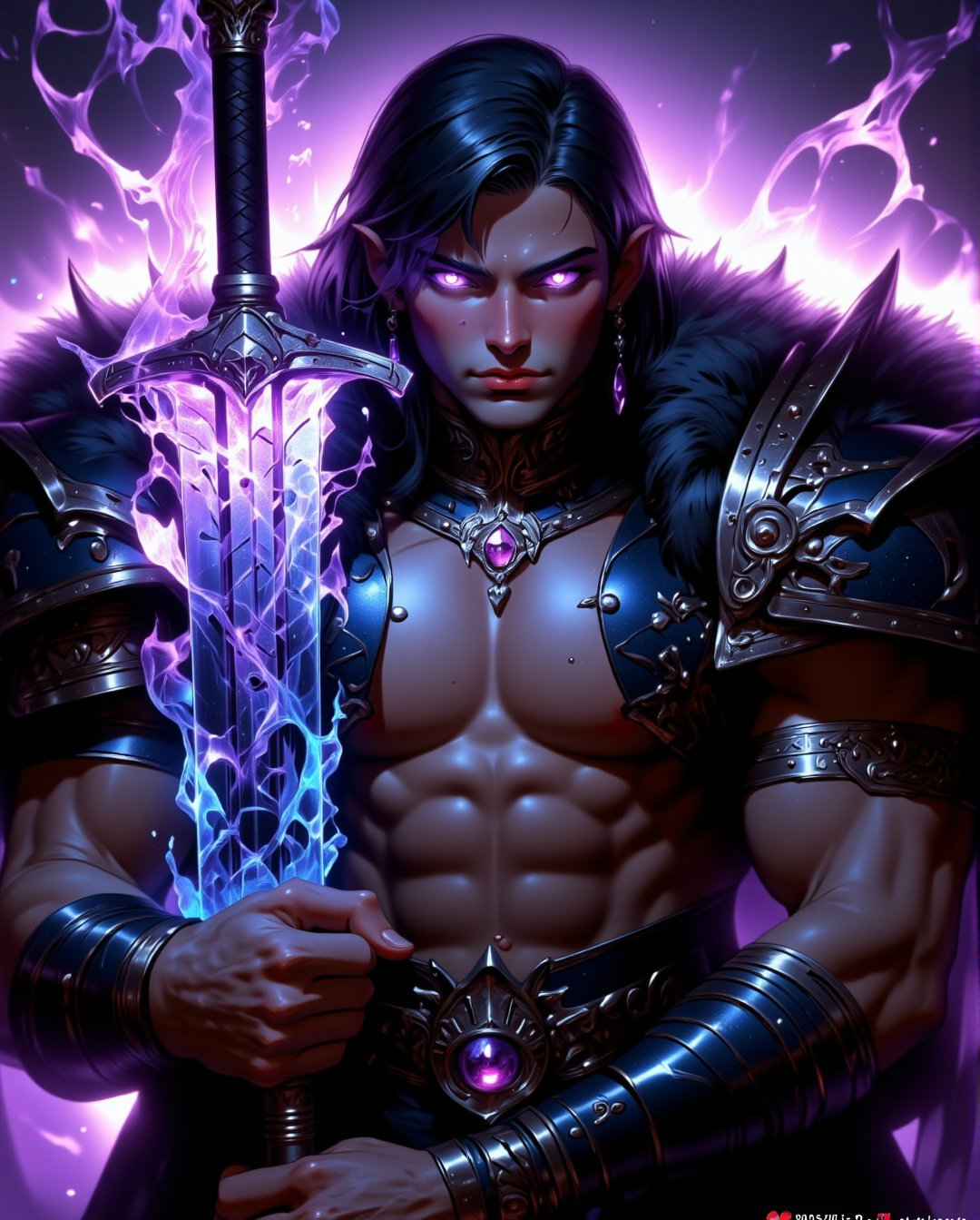 A majestic warrior stands triumphantly, his robust physique radiating confidence as he grasps a colossal sword. His dark hair flows like night, framing the chiseled features of his face, while piercing purple eyes burn with an inner fire. Magic light emanates from the sword, casting an ethereal glow on his intricate costume, evoking a sense of dark fantasy and high-stakes adventure. The dominant dark tones are punctuated by vivid purple and blue highlights, creating a visually striking contrast that draws the viewer's attention.