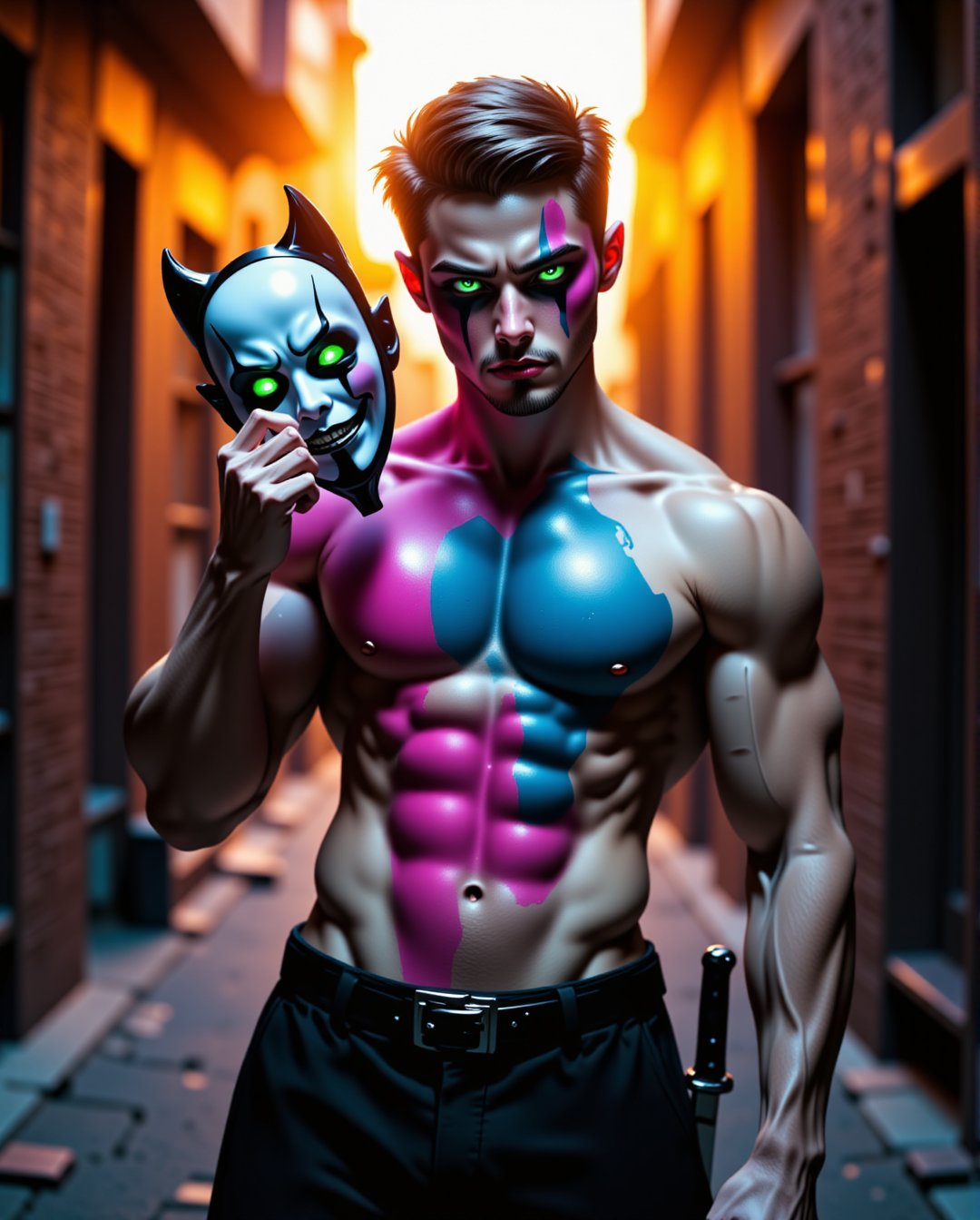 Medium shot of a confident athletic male character with dark hair,  standing in a dimly lit alleyway at sunset,  wearing s...