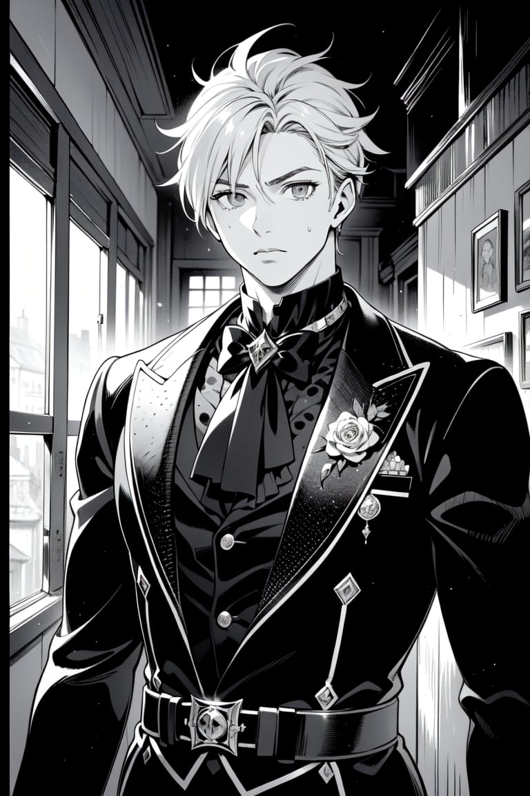 ((grayscale, manga, monochrome)), ((screen tone, stipple dot)), Medium-shot, upper-body shot, 1boy, handsome, masculine, muscular, tousled hair, detailed eyes, wearing dark vintage goth attire, detailed outfit. Behind him, a haunted Victorian manor.