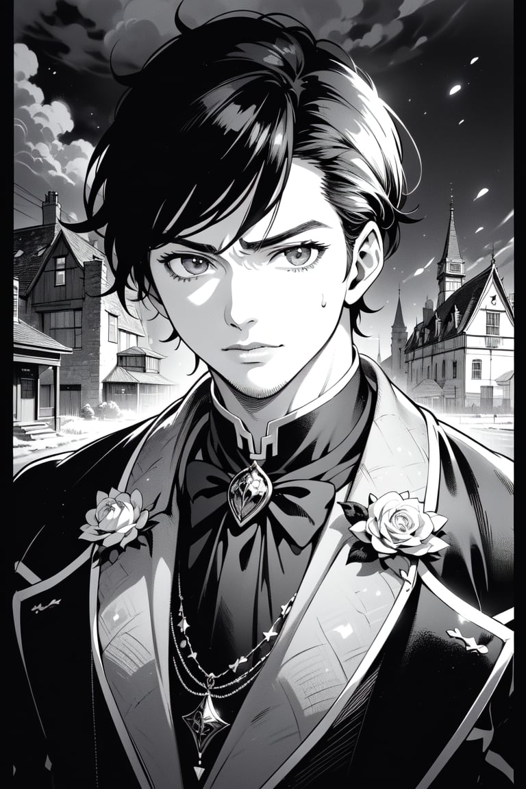 ((grayscale, manga, monochrome)), ((screen tone, stipple dot)), Medium-shot, upper-body shot, 1boy, handsome, masculine, muscular, tousled hair, detailed eyes, wearing dark vintage goth attire, detailed outfit. Behind him, a haunted Victorian manor.