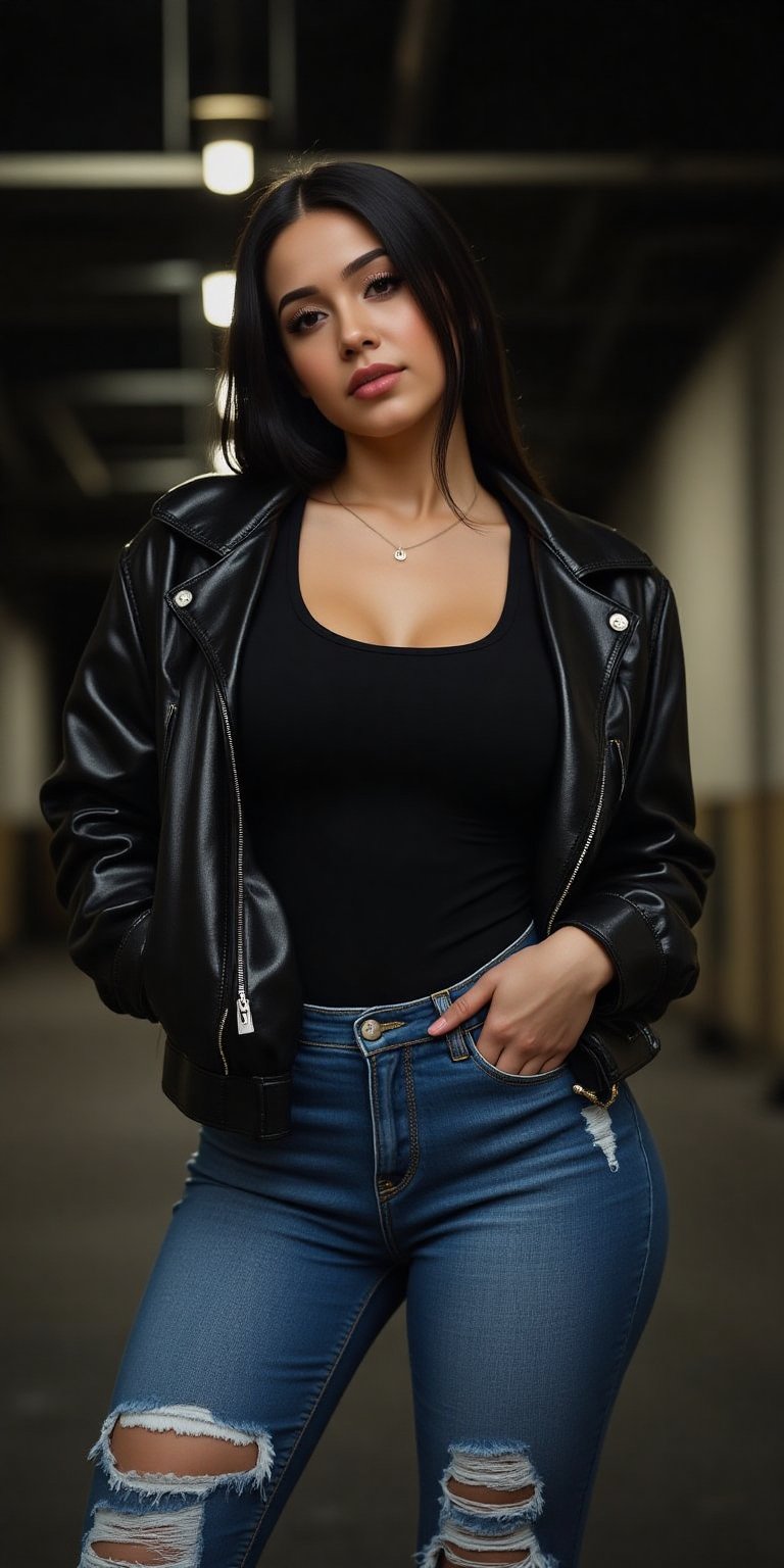 A stylish young woman in a sleek tshirt and ripped jeans, standing in a casual pose against an industrial warehouse backdrop. Her jacket has a metallic sheen that catches the light, while her jeans add a touch of rebellious style. The camera uses a medium shot with a 35mm lens to capture the texture of the jacket and her confident stance. The lighting is moody with soft shadows, creating an urban, edgy atmosphere that matches her outfit perfectly, ek_ph0t0_b00ster