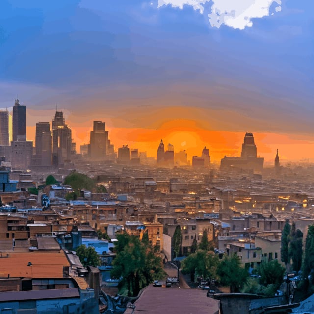 Sunrise over a city, with people starting their day. 