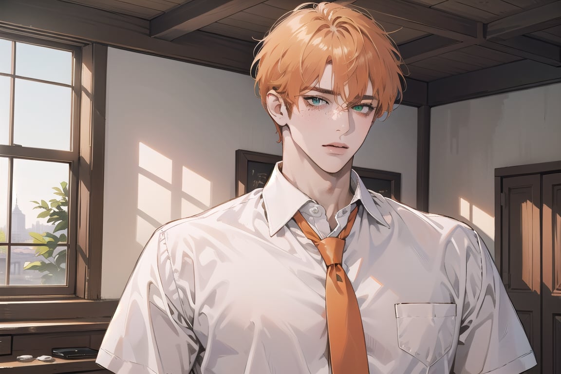 ((orange short curly hair)), (freckle), green eyes, handsome, angular jaw, thick neck, shy, ((solo focus)), ((white short hair)), (Left side-parting bangs), green eyes, handsome, mature, angular jaw, thick neck, ((white)) ((shirt:1.3)), short sleeve, tie, by Raphael, masterpiece, upper body shot, magnificent indoor hall,Riadon,1 boy,1 man