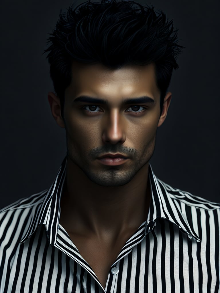 best quality, 4k, 8k, masterpiece, ultra-detailed, photorealistic, looking at viewer, short hair, shirt, black hair, man, closed mouth, upper body, male focus, striped clothes, striped shirt, realistic, vertical-striped shirt