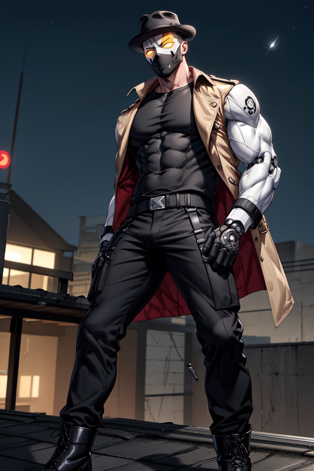 A Half man half cyborg who pays hommage to rorschach wearing a long sleeved trench coat and fedora  hat are all black wearing black cargo pants a white t-shirt with a yellow circled smiley face with a bullet hole just above the eyes his legs and arms are cyborg he wears a white rorschhach mask standing ontop of a roof during the night time looking down also wears black combat boots and black gloves stands 6'3 well built muscular body thick muscular cyborg legs