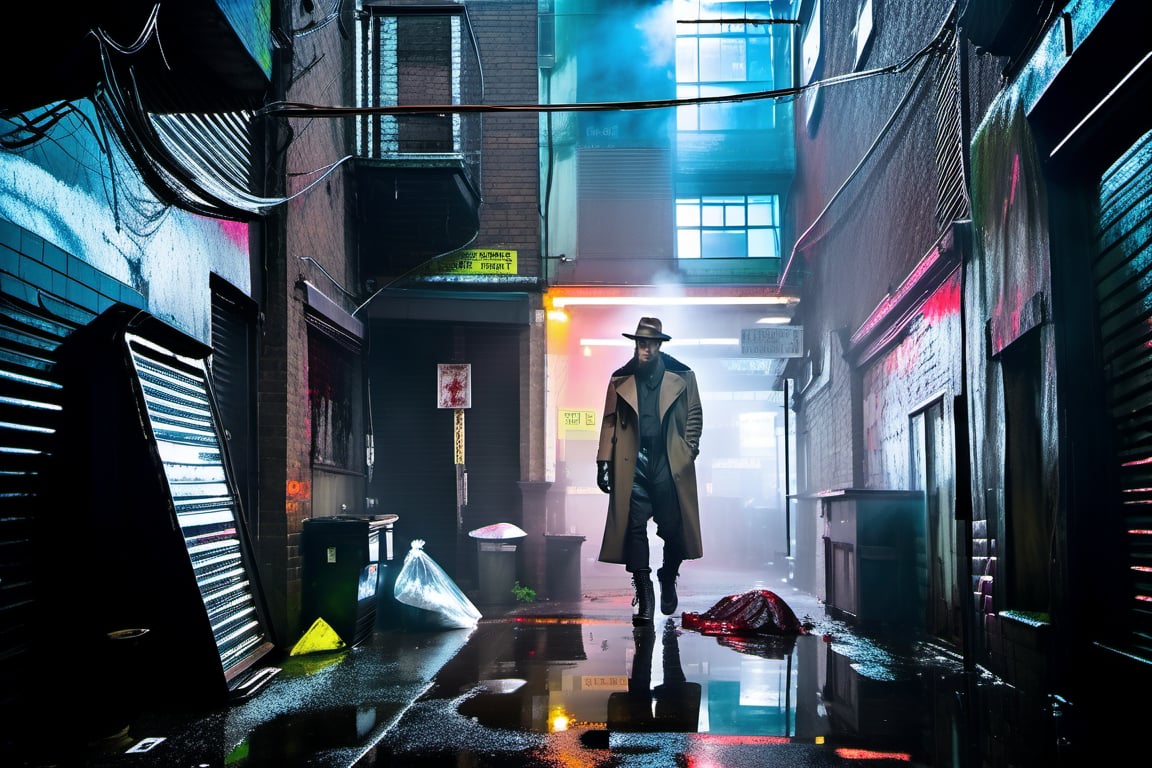 Scruff looking Half-Cyborg, Man 6'3 250lbs muscular, Brown long Tench coat, Brown Fedora, Black Cargo pants, Black Combat boots, Black leather gloves holding a notepad standing over a covered dead bloody body of a crime scene during the night with rain in a cyberpunk back alley, Neon lights, Neon Signs, 