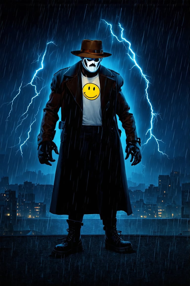 A Half man half cyborg who is 6'3 250 lbs muscular arms and legs, well built, Wearing a Brown long Trench coat, Brown Fedora, Black Cargo pants, Black Combat boots, White T-shirt with a yellow circled smiley face , black leather gloves, white clothed ghost mask, standing ontop of a high rooftop, during the night time in the rain with lightning strikes in the background and moon in sky during rain storm.