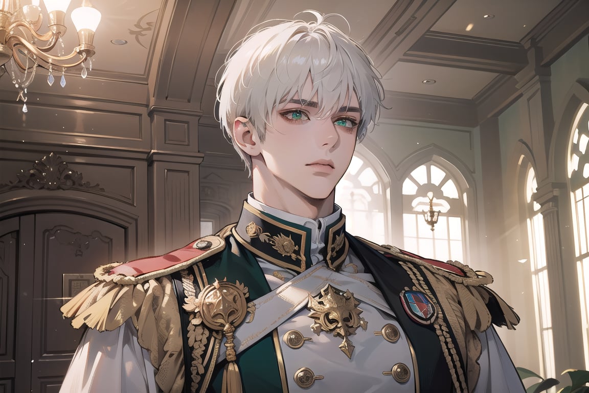 1 man, solo, ((white short hair)), green eyes, mature, ((small shoulder: 0.4)), handsome, angular jaw, thick neck, military, soldier, army, Tunic, by Raphael, masterpiece, upper body shot, magnificent indoor hall
