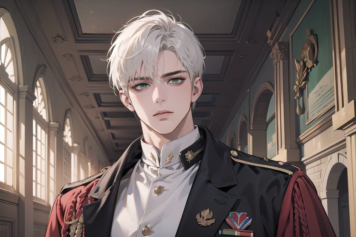 1 teen boy, solo, ((white short hair)), green eyes, mature, ((small shoulder: 0.6)), handsome, angular jaw, thick neck, military, soldier, army, Uniform, by Raphael, masterpiece, upper body shot, magnificent indoor hall
