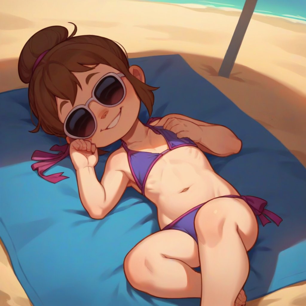 score_9,score_8_up, score_7_up,
 source_cartoon, on back, beach, beach towel, smile, eyes half open Jeanette, brown hair,hair bun,hair ribbon,sunglasses, bikini, front view, cub,