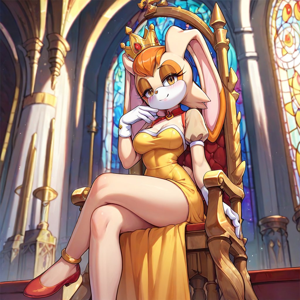 score_9,score_8_up, score_7_up, score_6_up, 
 source_cartoon,vanilla the rabbit, sitting on an ornate throne, legs crossed, golden dress, golden crown, castle, stained glass